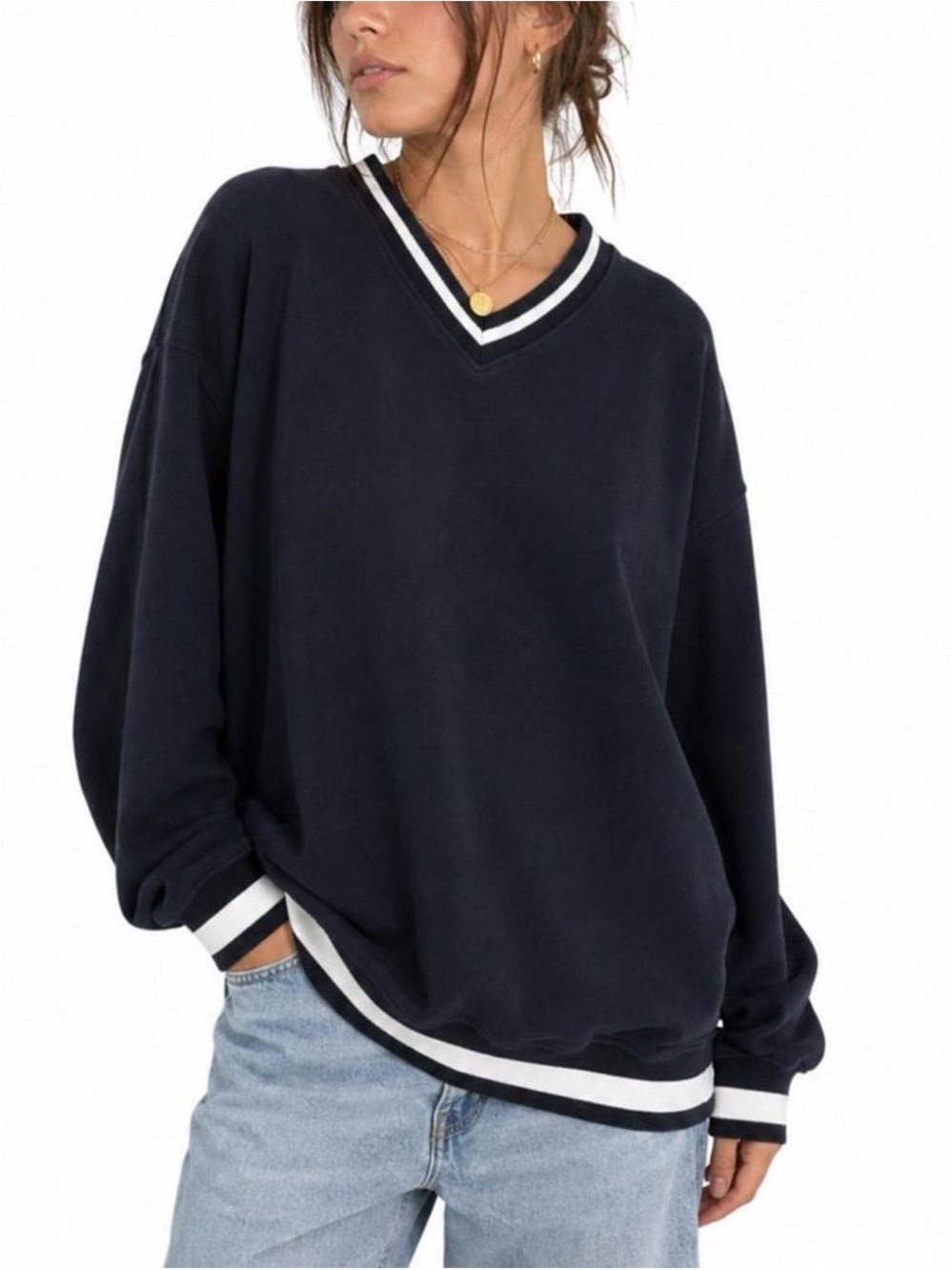 Brandy Melville Oversized Navy Varsity V-Neck Fleece Sweatshirt OS